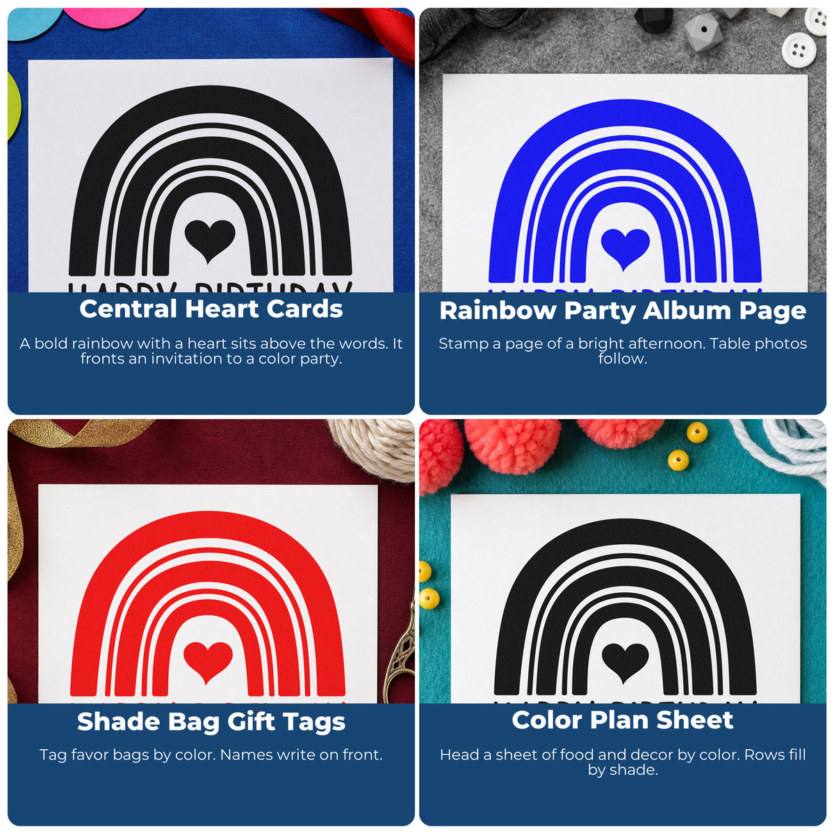 Four ways to use the Happy Birthday Heart Rainbow Rubber Stamp – Duo Hand: central heart cards, rainbow party album page, shade bag gift tags and color plan sheet.