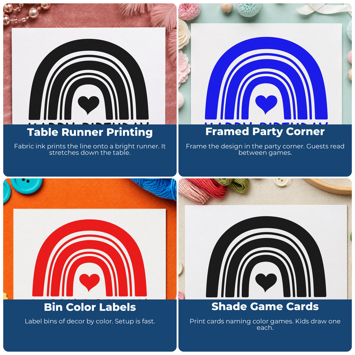Four ways to use the Happy Birthday Heart Rainbow Pre-Inked Stamp – Slim: table runner printing, framed party corner, bin color labels and shade game cards.