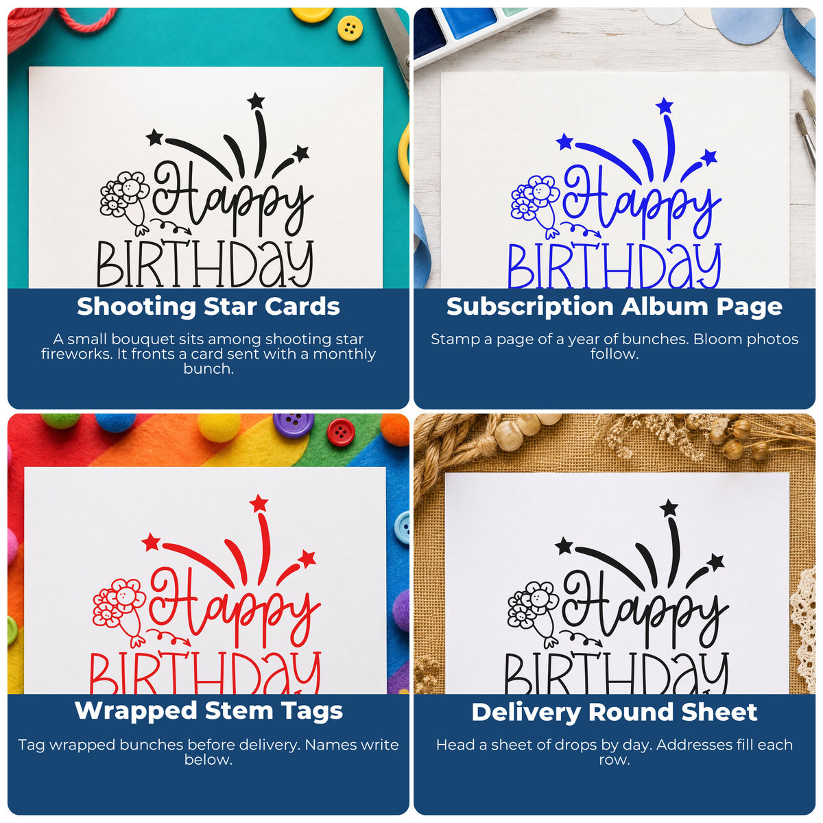 Four ways to use the Happy Birthday Flowers Fireworks With Stars Premium Wooden Stamp - Vintage Pro: shooting star cards, subscription album page, wrapped stem tags and delivery round sheet.