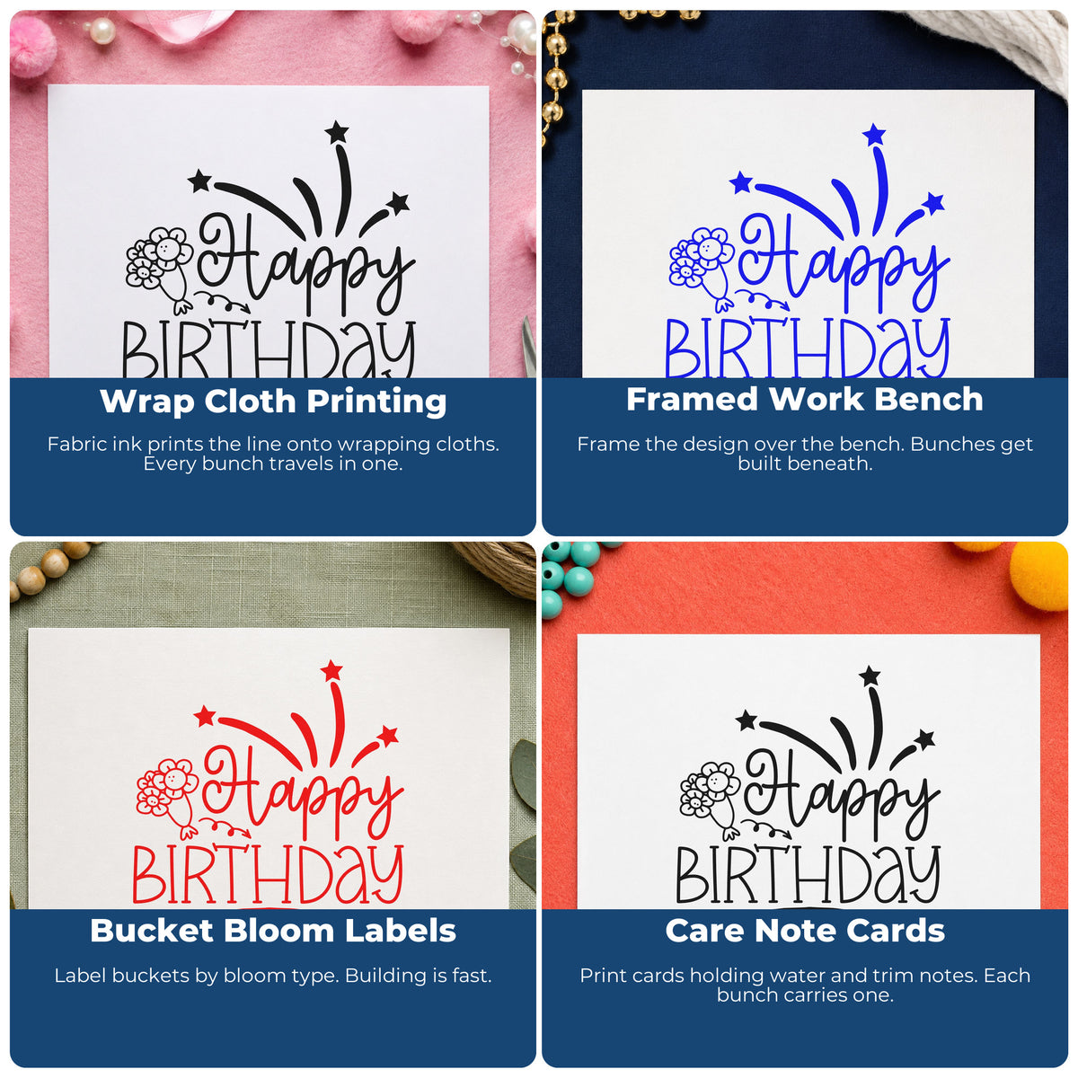 Four ways to use the Happy Birthday Flowers Fireworks With Stars Pre-Inked Stamp – Slim: wrap cloth printing, framed work bench, bucket bloom labels and care note cards.