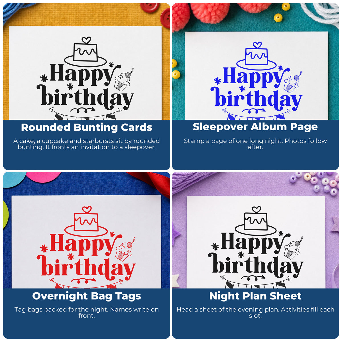 Four ways to use the Happy Birthday Cake And Cupcake Bunting Rubber Stamp – Duo Hand: rounded bunting cards, sleepover album page, overnight bag tags and night plan sheet.