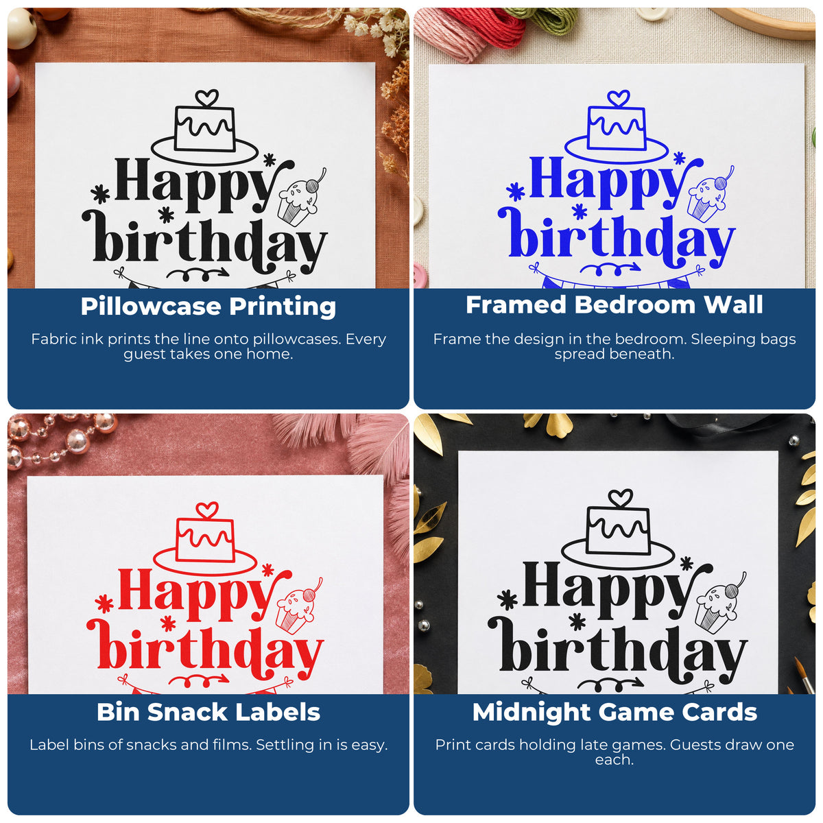Four ways to use the Happy Birthday Cake And Cupcake Bunting Premium Wooden Stamp - Vintage Pro: pillowcase printing, framed bedroom wall, bin snack labels and midnight game cards.