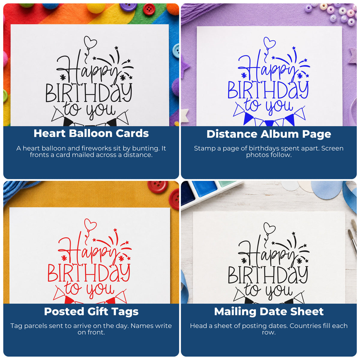 Four ways to use the Birthday To You Fireworks Balloons PSI Pre-Inked Stamp: heart balloon cards, distance album page, posted gift tags and mailing date sheet.