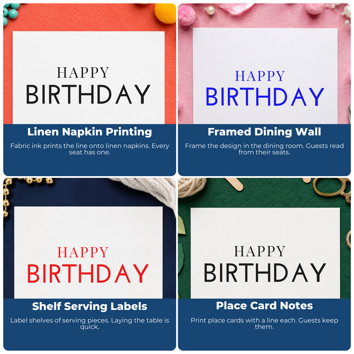 Four ways to use the Simple Happy Birthday Capitals Serif Lettering Stamp – Slim Pre-Inked: linen napkin printing, framed dining wall, shelf serving labels and place card notes.
