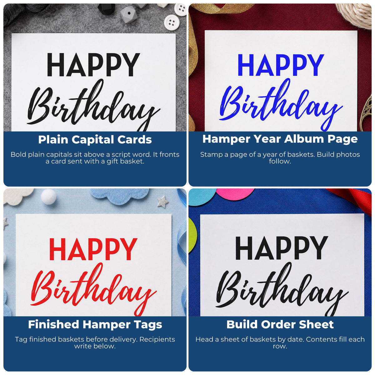 Birthday rubber stamp ideas for gift tags, greeting cards, envelope decorating, and DIY party invitations.
