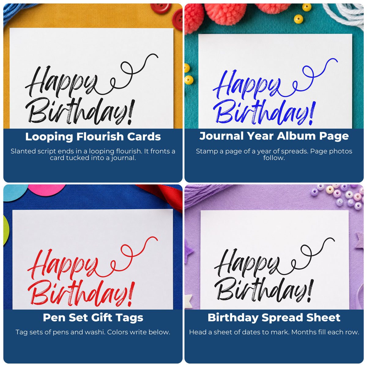 Four ways to use the Happy Birthday Curl Flourished Lettering Duo Hand Stamp: looping flourish cards, journal year album page, pen set gift tags and birthday spread sheet.