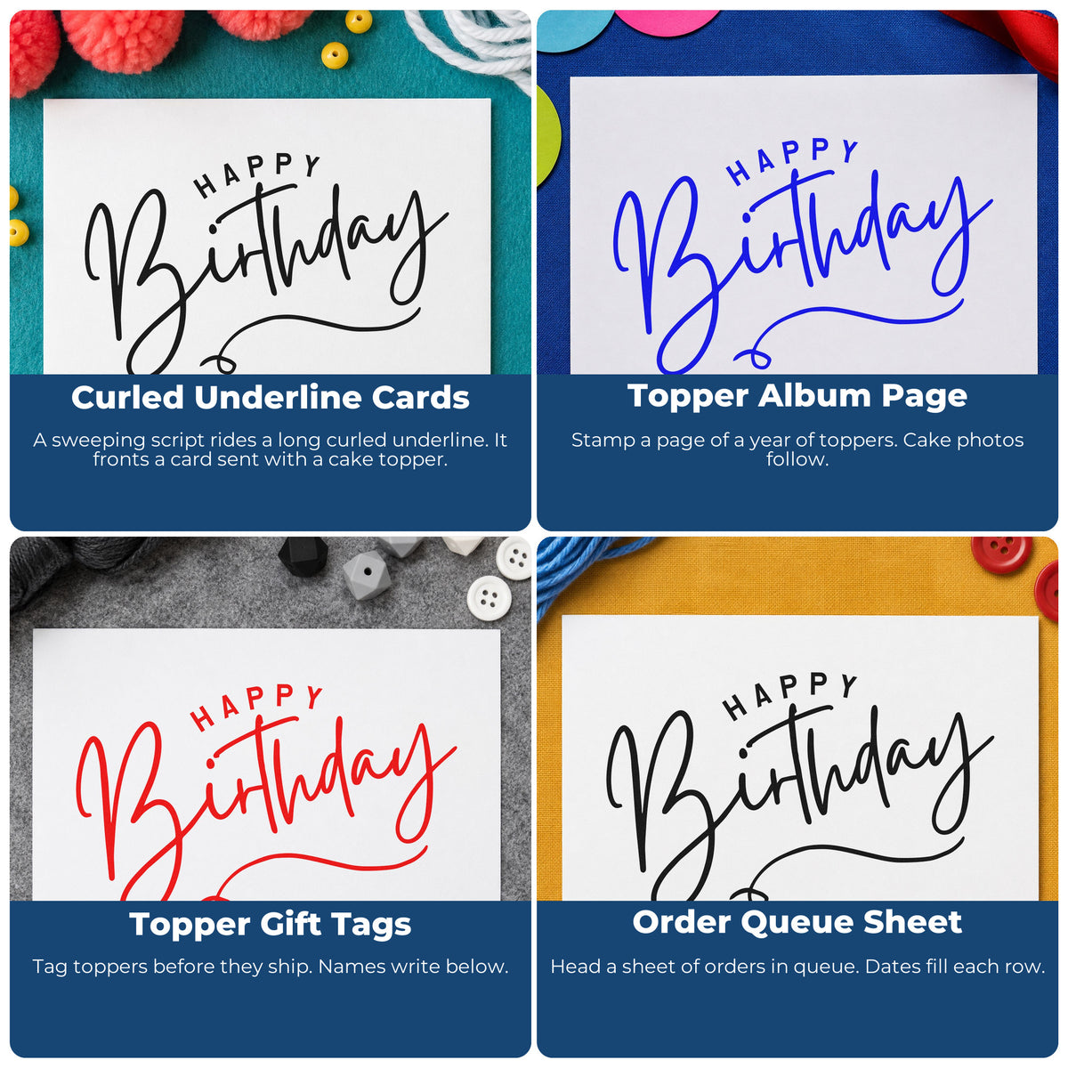 Four ways to use the Happy Birthday Loop Underline Rubber Stamp – Wood Handle: curled underline cards, topper album page, topper gift tags and order queue sheet.