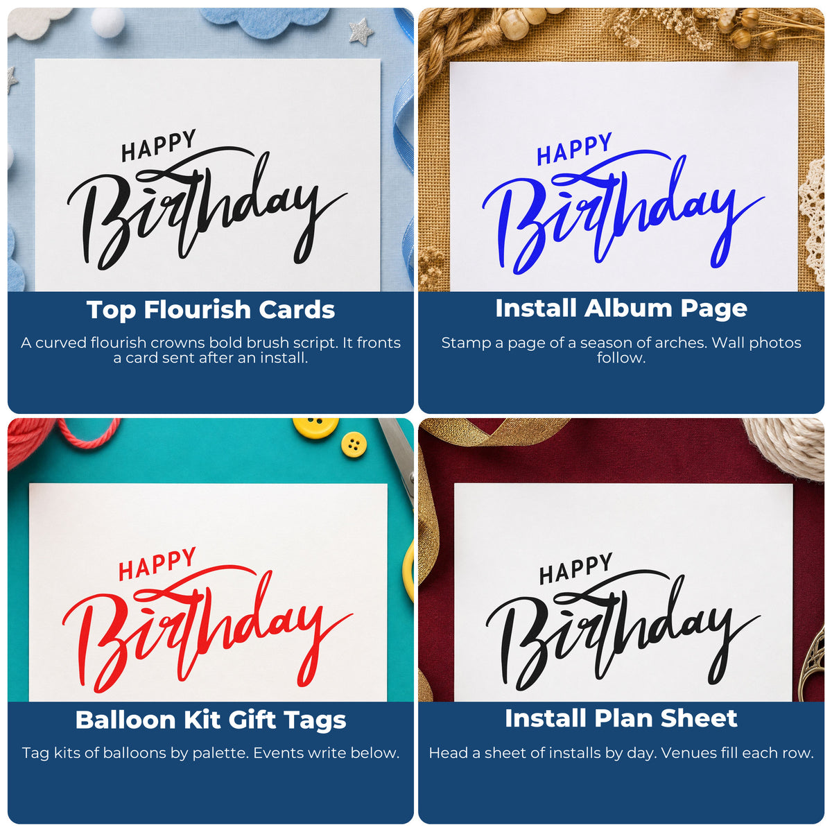 Birthday rubber stamp ideas for DIY gift tags, greeting cards, envelope decorating, and party invitations.