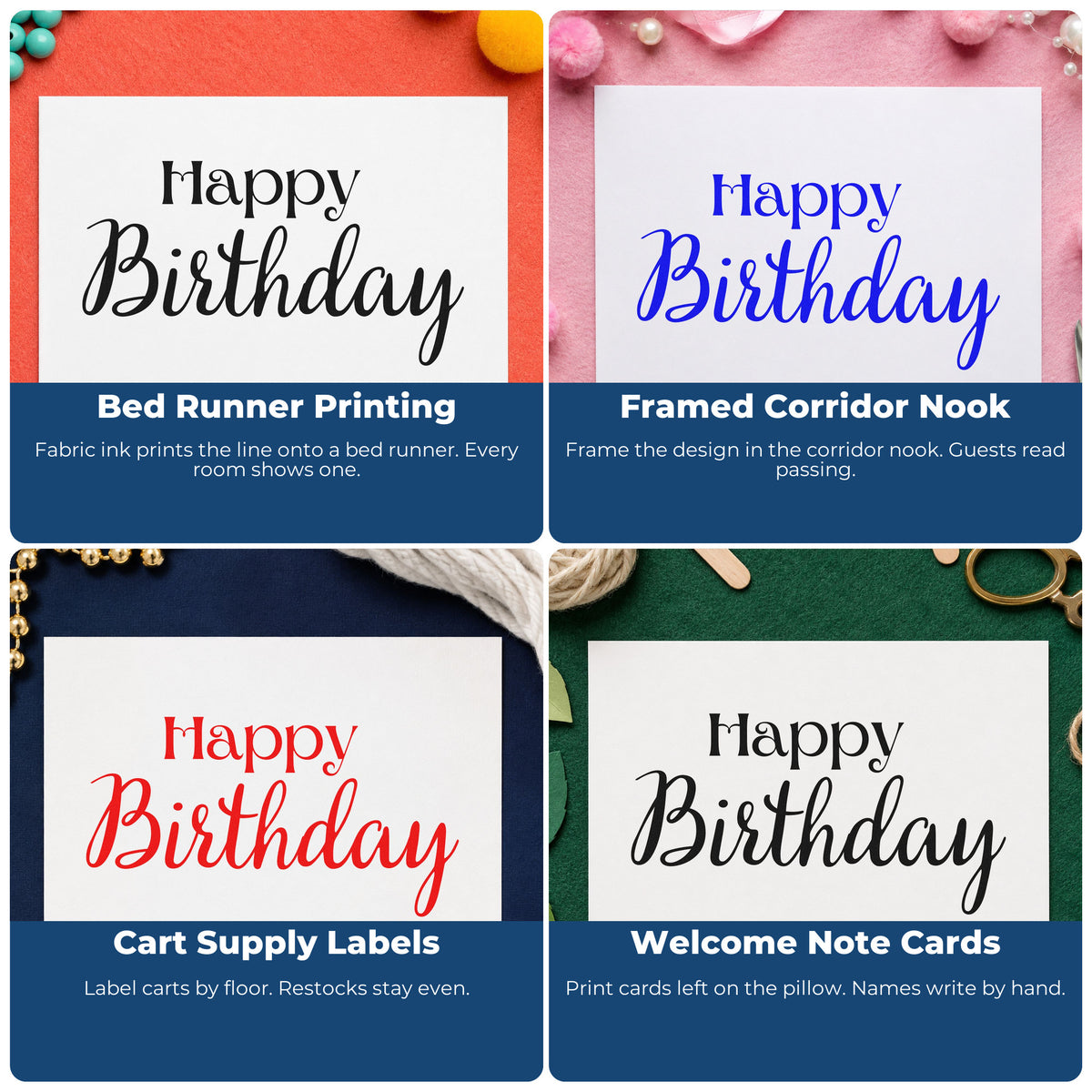 Four ways to use the Happy Birthday Serif Script Rubber Stamp – Duo Hand: bed runner printing, framed corridor nook, cart supply labels and welcome note cards.