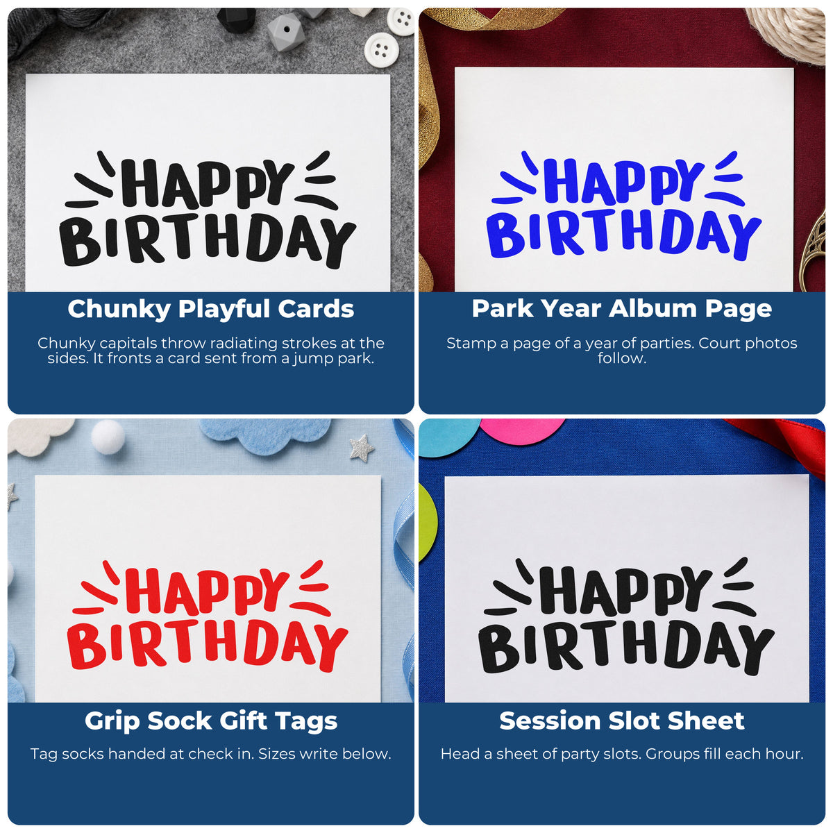Four ways to use the Happy Birthday Radiating Strokes Rubber Stamp – Duo Hand: chunky playful cards, park year album page, grip sock gift tags and session slot sheet.