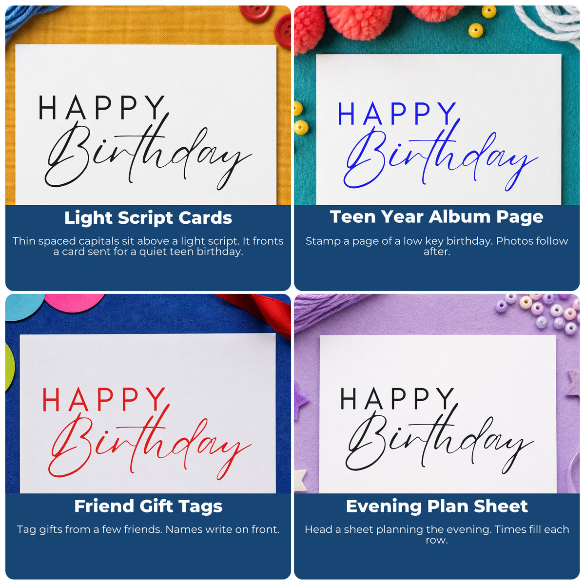 Four ways to use the Happy Birthday Thin Lettering Pre-Inked Stamp – PSI: light script cards, teen year album page, friend gift tags and evening plan sheet.