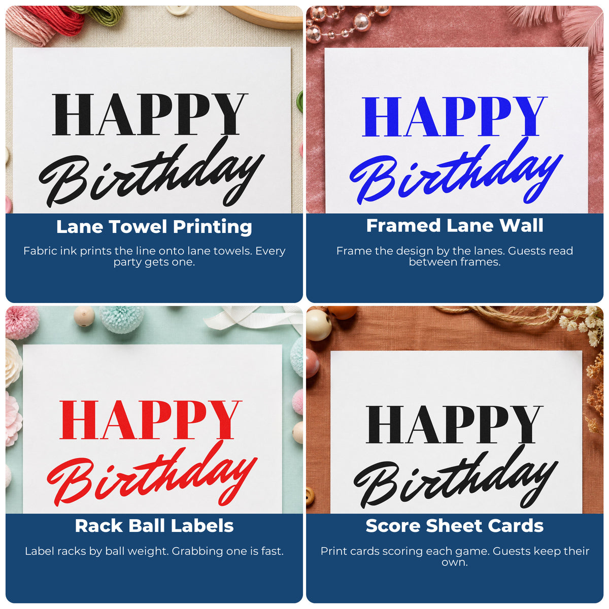 Four ways to use the Happy Birthday Serif Brush Script Lettering Pre-Inked Stamp – Slim: lane towel printing, framed lane wall, rack ball labels and score sheet cards.
