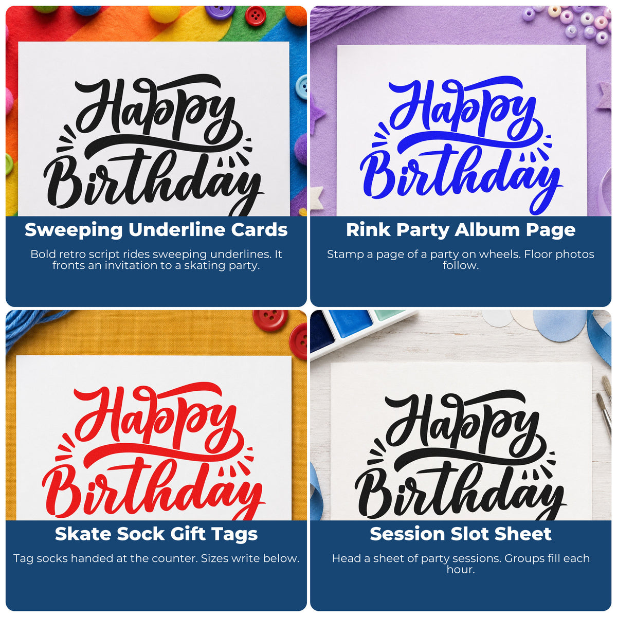 Four ways to use the Happy Birthday Retro Flourishes Script Lettering Stamp – Self-Inking: sweeping underline cards, rink party album page, skate sock gift tags and session slot sheet.