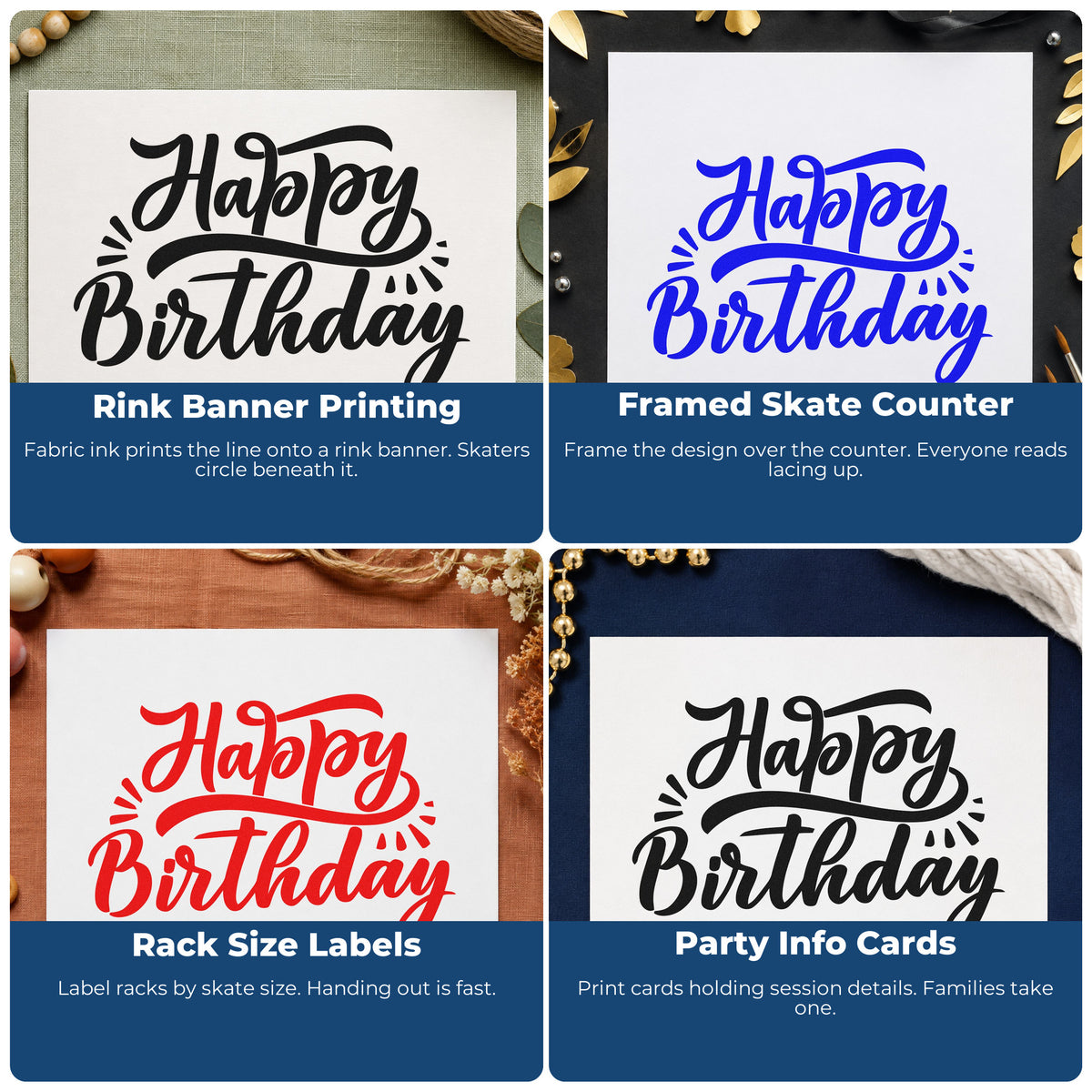 Four ways to use the Happy Birthday Retro Flourishes Script Lettering Stamp – Slim Pre-Inked: rink banner printing, framed skate counter, rack size labels and party info cards.