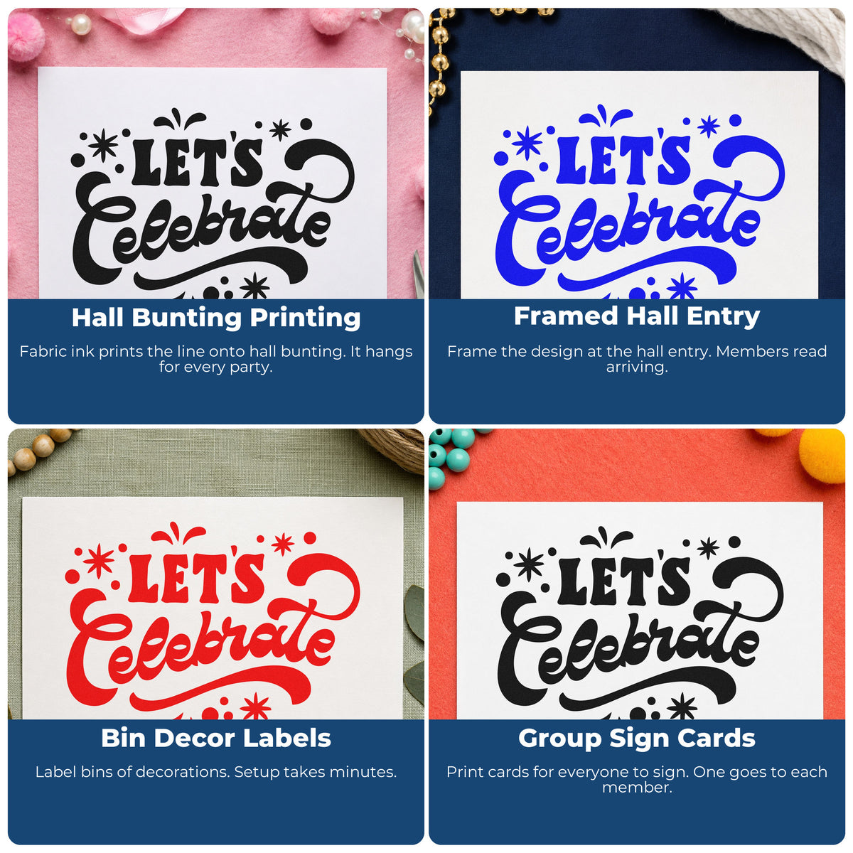 Four ways to use the Slim Pre-Inked Let's Celebrate Stars And Flourishes Stamp: hall bunting printing, framed hall entry, bin decor labels and group sign cards.