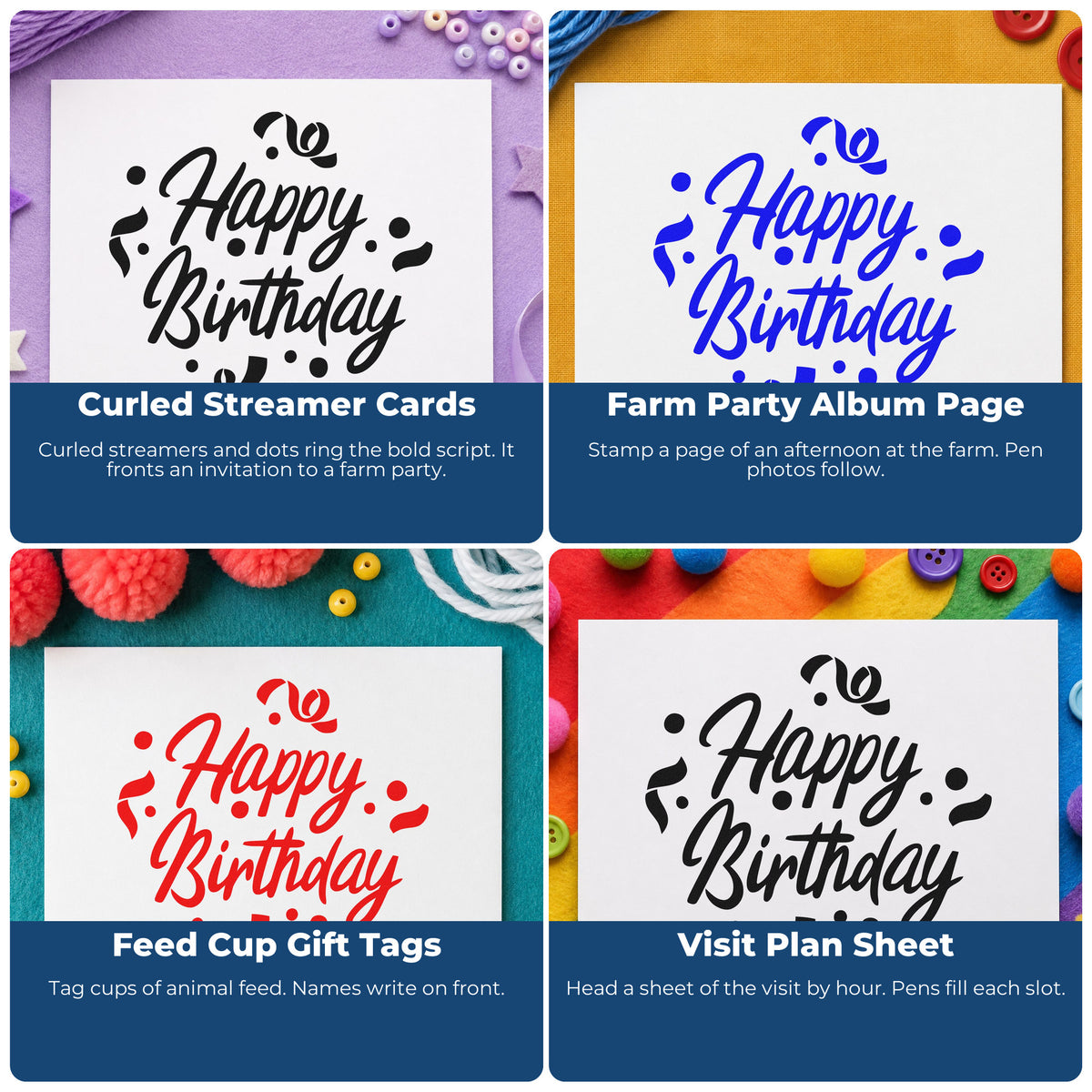 Four ways to use the Happy Birthday Curled Streamers Slim Pre-Inked Stamp: curled streamer cards, farm party album page, feed cup gift tags and visit plan sheet.