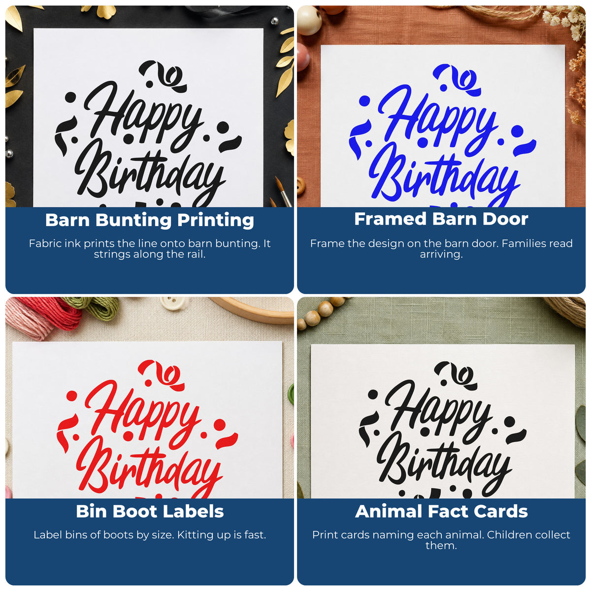 Four ways to use the PSI Pre-Inked Happy Birthday Curled Streamers Stamp: barn bunting printing, framed barn door, bin boot labels and animal fact cards.