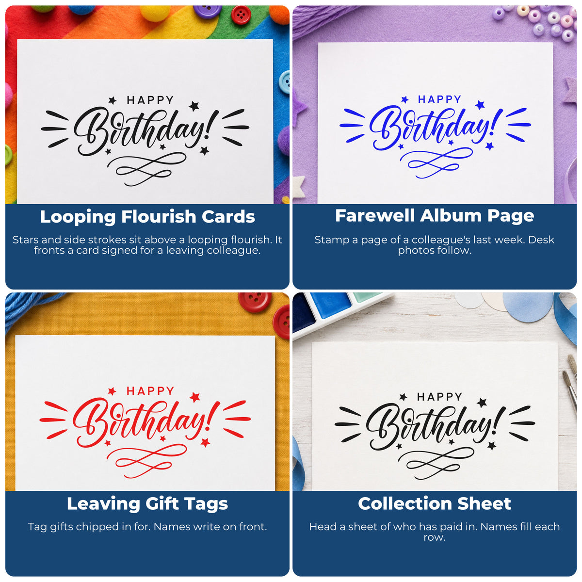 Four ways to use the Birthday Decorative Swirl Accent With Stars Rubber Stamp – Wood Handle: looping flourish cards, farewell album page, leaving gift tags and collection sheet.