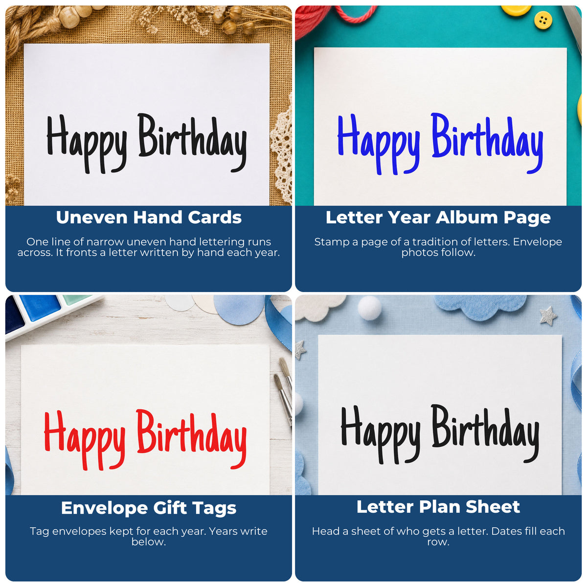 Four ways to use the PSI Pre-Inked Happy Birthday Narrow Handwriting Lettering Stamp: uneven hand cards, letter year album page, envelope gift tags and letter plan sheet.