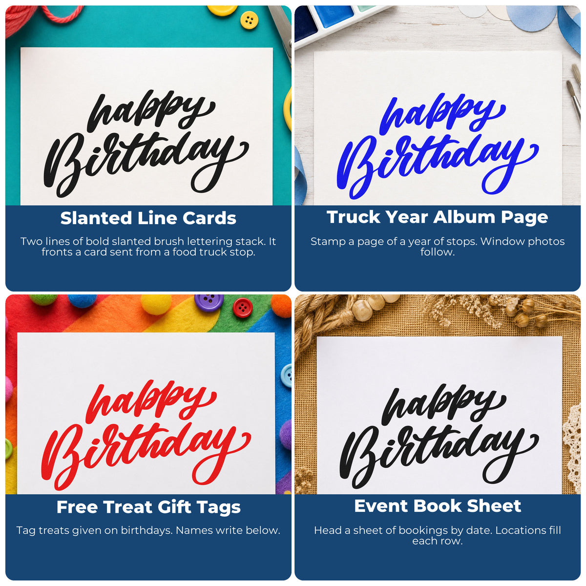 Four ways to use the Happy Birthday Slanted Brush Slim Pre-Inked Stamp: slanted line cards, truck year album page, free treat gift tags and event book sheet.
