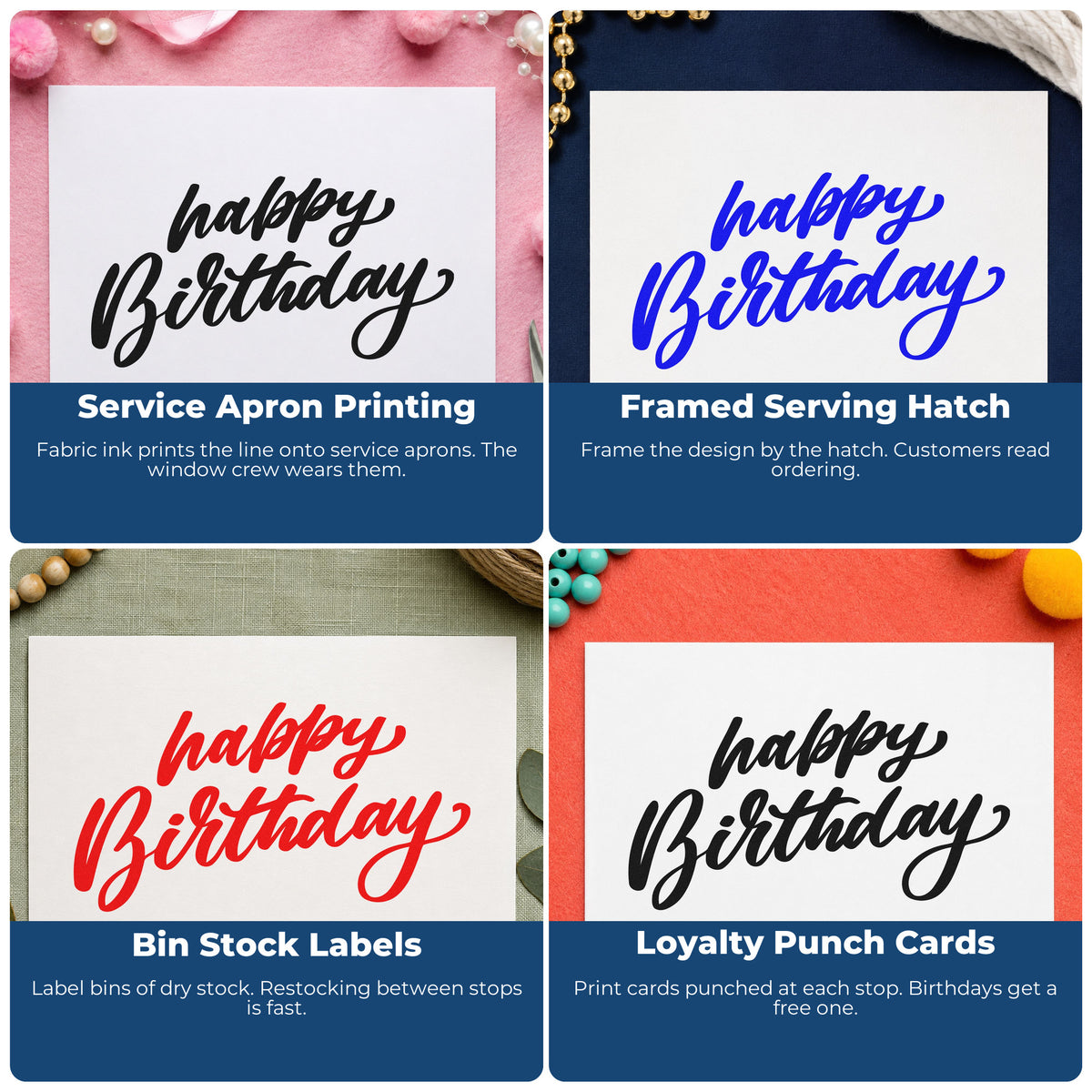 Four ways to use the Self-Inking Happy Birthday Slanted Brush Stamp: service apron printing, framed serving hatch, bin stock labels and loyalty punch cards.