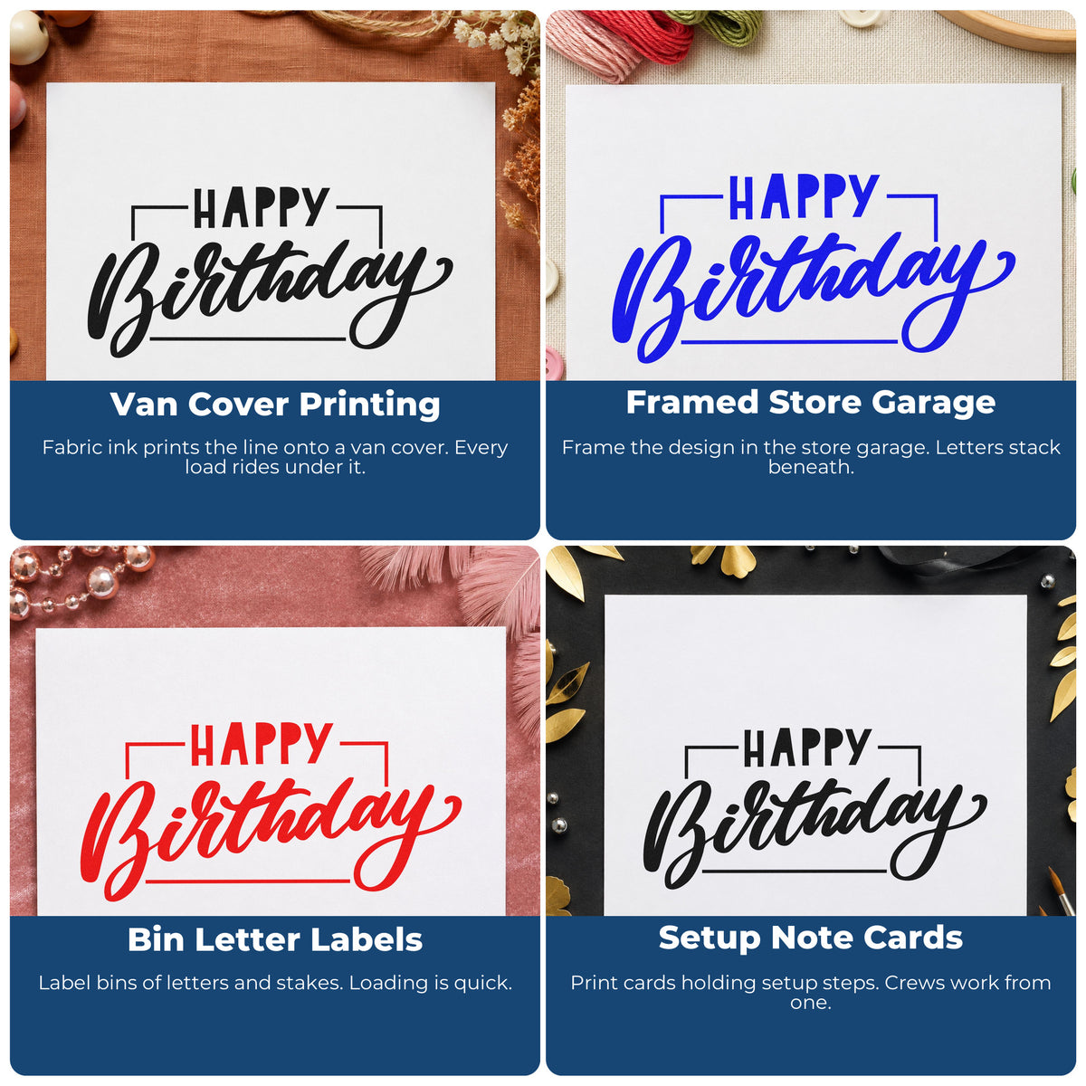 Four ways to use the Birthday Script Rectangular Framed Lettering Pre-Inked Stamp – Slim: van cover printing, framed store garage, bin letter labels and setup note cards.