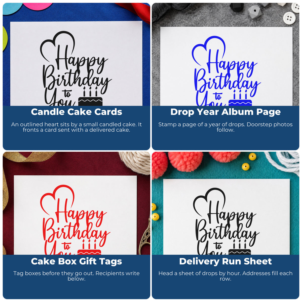 Four ways to use the PSI Pre-Inked Birthday To You Cake Candles Stamp: candle cake cards, drop year album page, cake box gift tags and delivery run sheet.