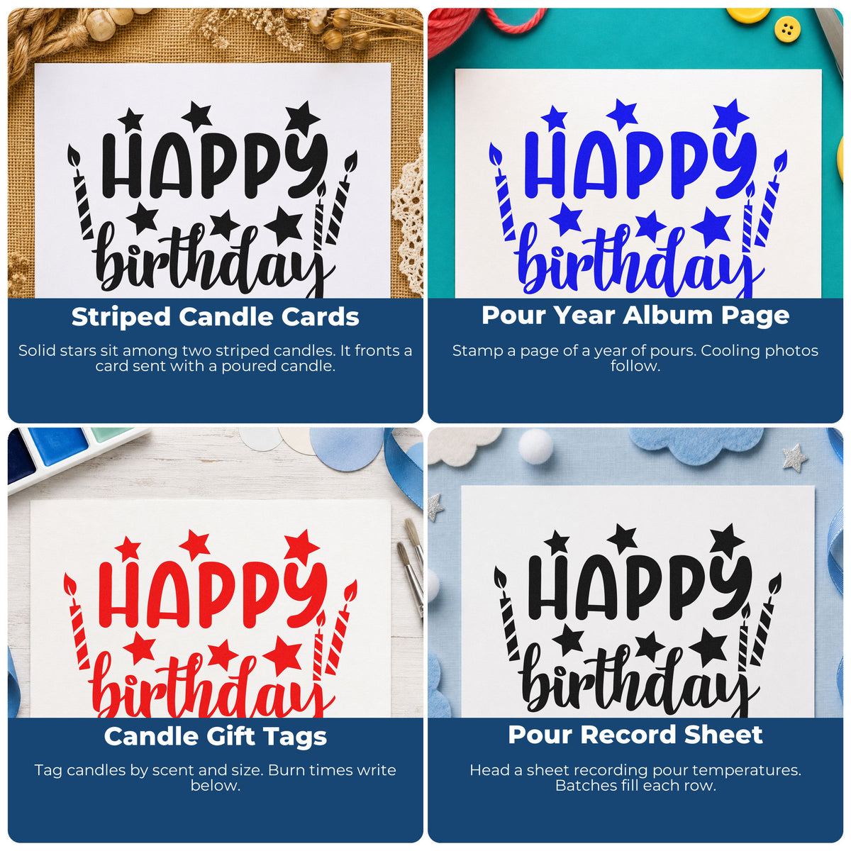 Four ways to use the Birthday Wishes With Stars And Two Candles Rubber Stamp – Duo Hand: striped candle cards, pour year album page, candle gift tags and pour record sheet.