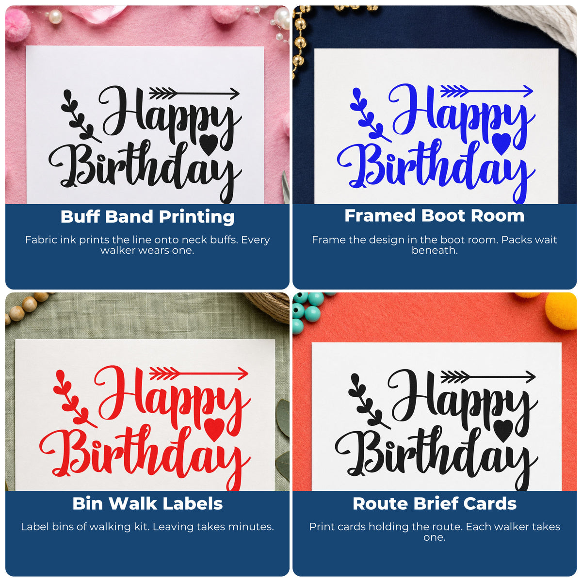 Four ways to use the Birthday Arrow Leaf Hearts Botanical Sprig PSI Pre-Inked Stamp: buff band printing, framed boot room, bin walk labels and route brief cards.