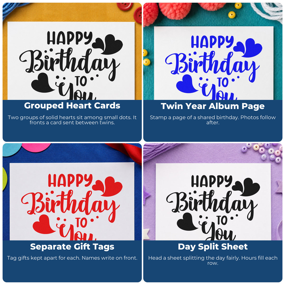 Four ways to use the Happy Birthday To You Heart Clusters Wood Handle Stamp: grouped heart cards, twin year album page, separate gift tags and day split sheet.