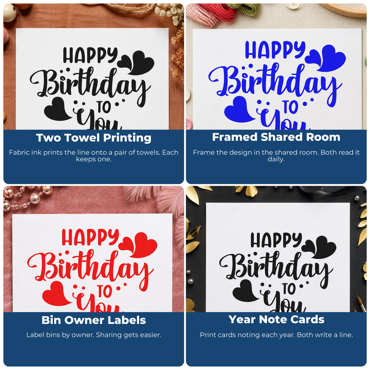 Four ways to use the Duo Hand Happy Birthday To You Heart Clusters Rubber Stamp: two towel printing, framed shared room, bin owner labels and year note cards.