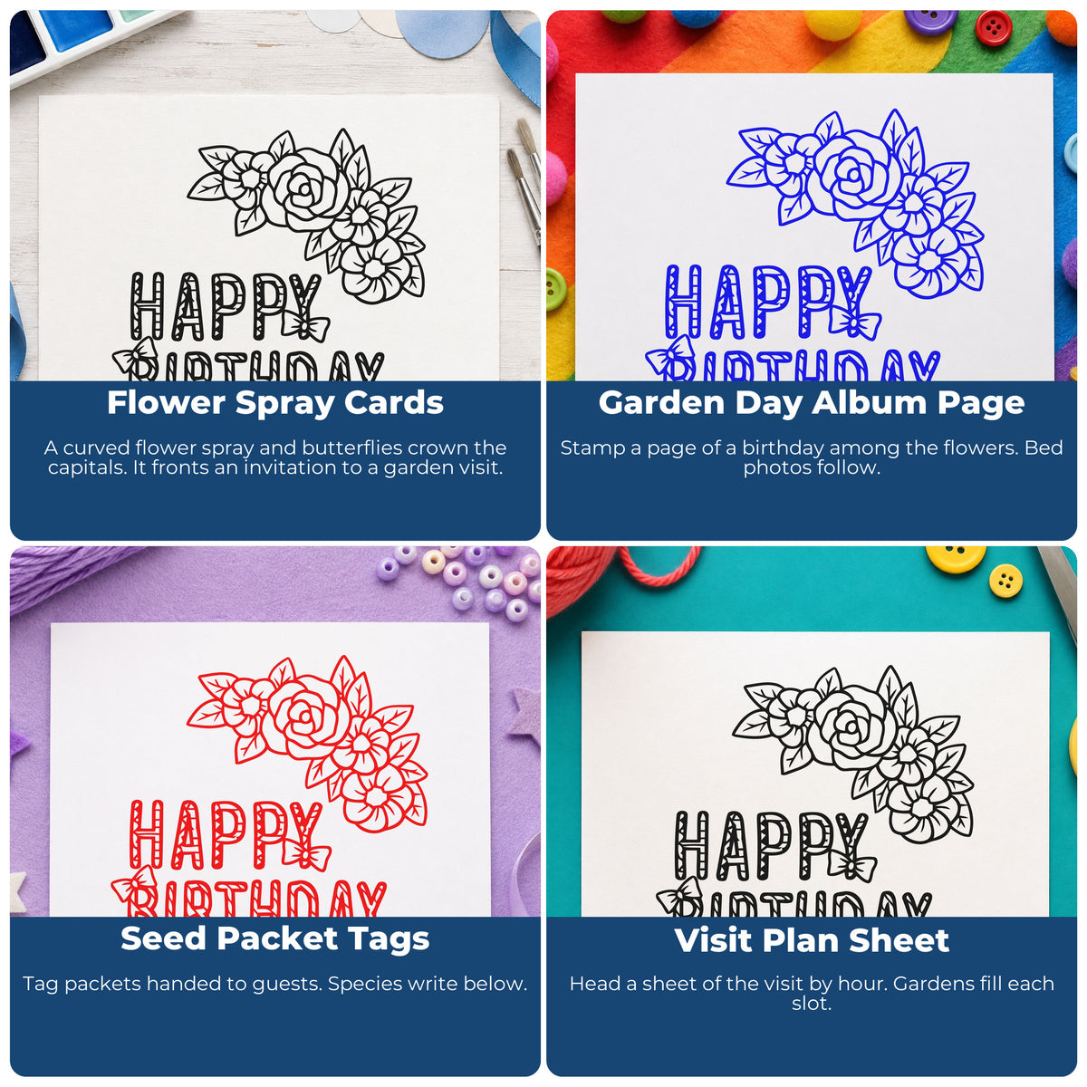 Four ways to use the Butterfly And Flower Birthday Greeting Wood Handle Stamp: flower spray cards, garden day album page, seed packet tags and visit plan sheet.