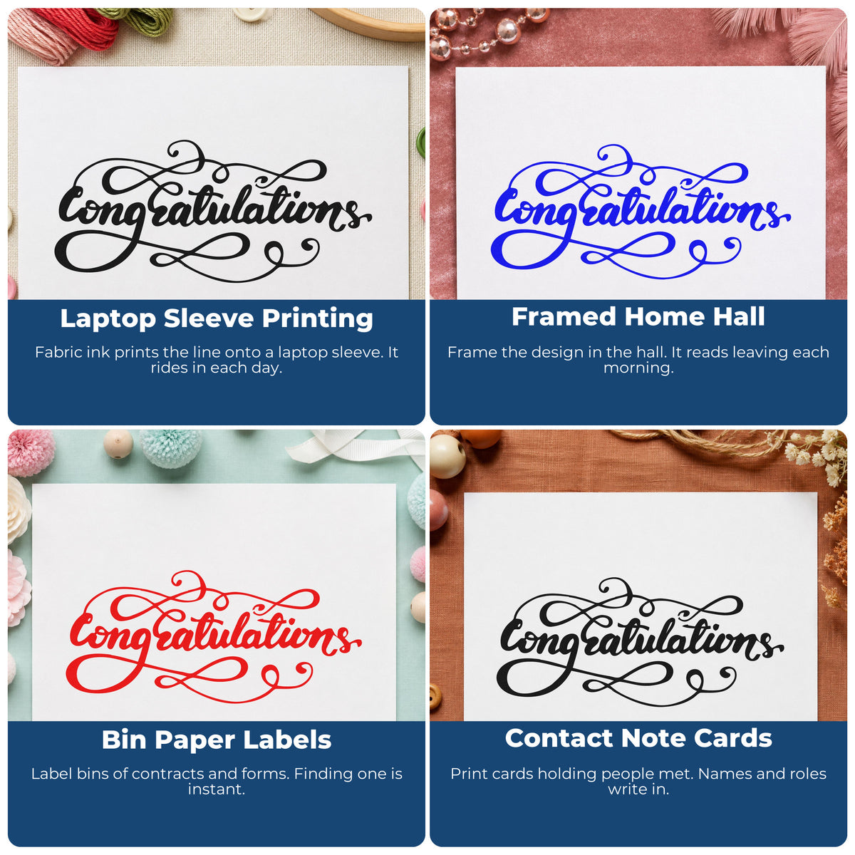 Four ways to use the Congratulations Ornate Flourishes Script Lettering Hand Stamp – Duo: laptop sleeve printing, framed home hall, bin paper labels and contact note cards.