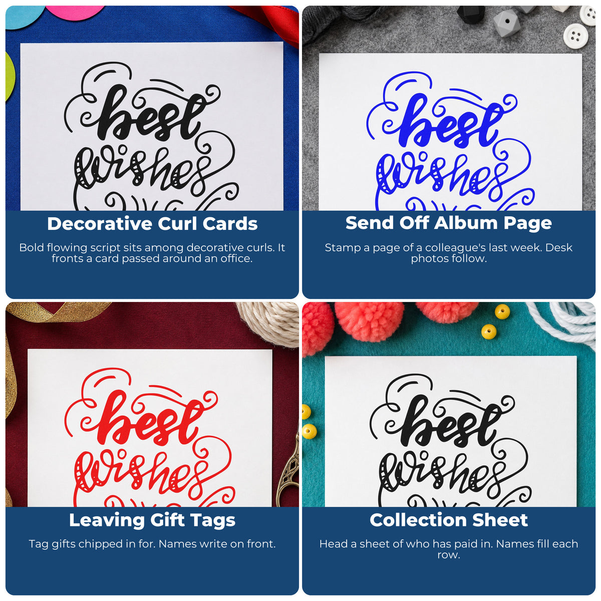 Four ways to use the Best Wishes Curled Flourishes Pre-Inked Stamp – PSI: decorative curl cards, send off album page, leaving gift tags and collection sheet.