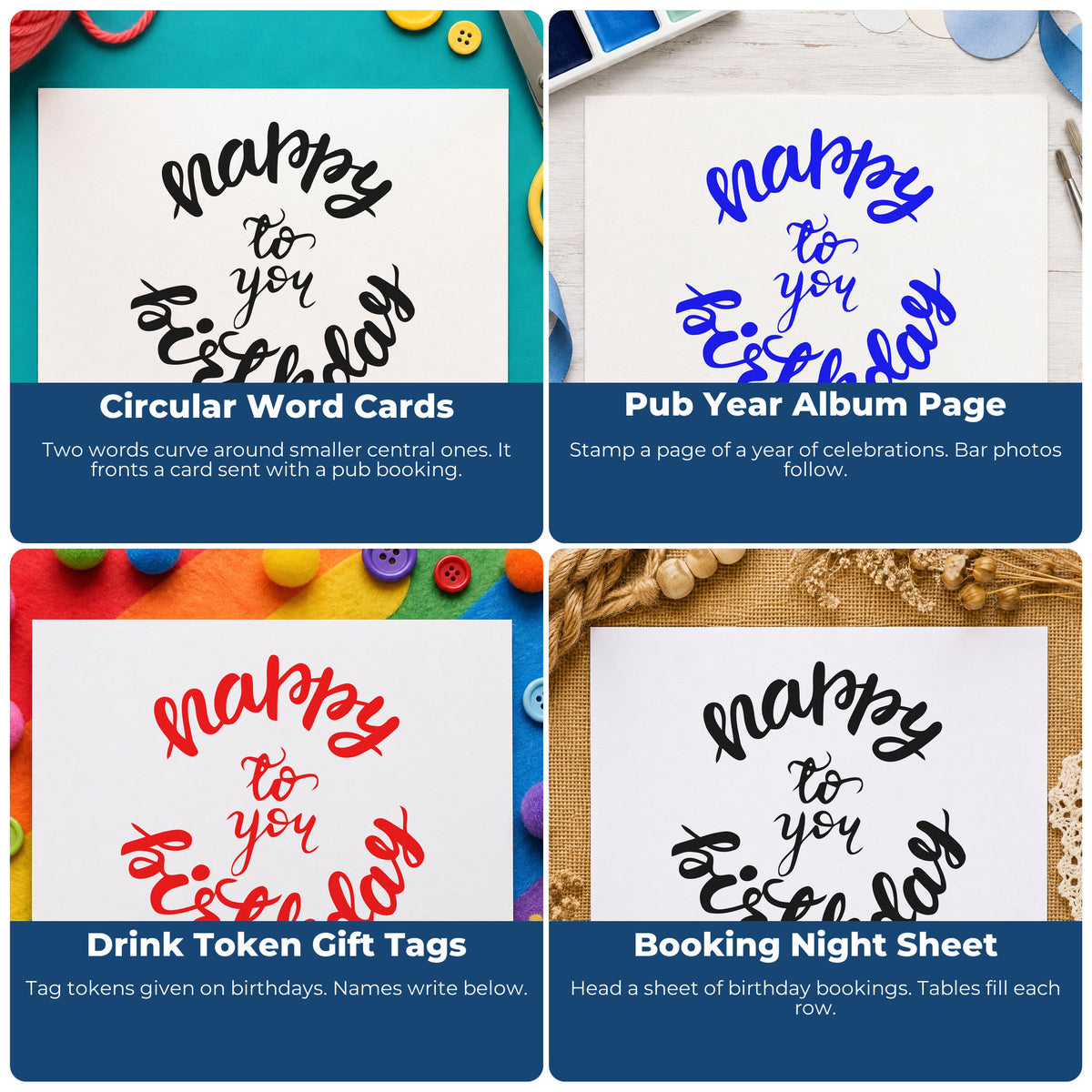 Four ways to use the Birthday To You Curved Lettering Wood Handle Stamp: circular word cards, pub year album page, drink token gift tags and booking night sheet.