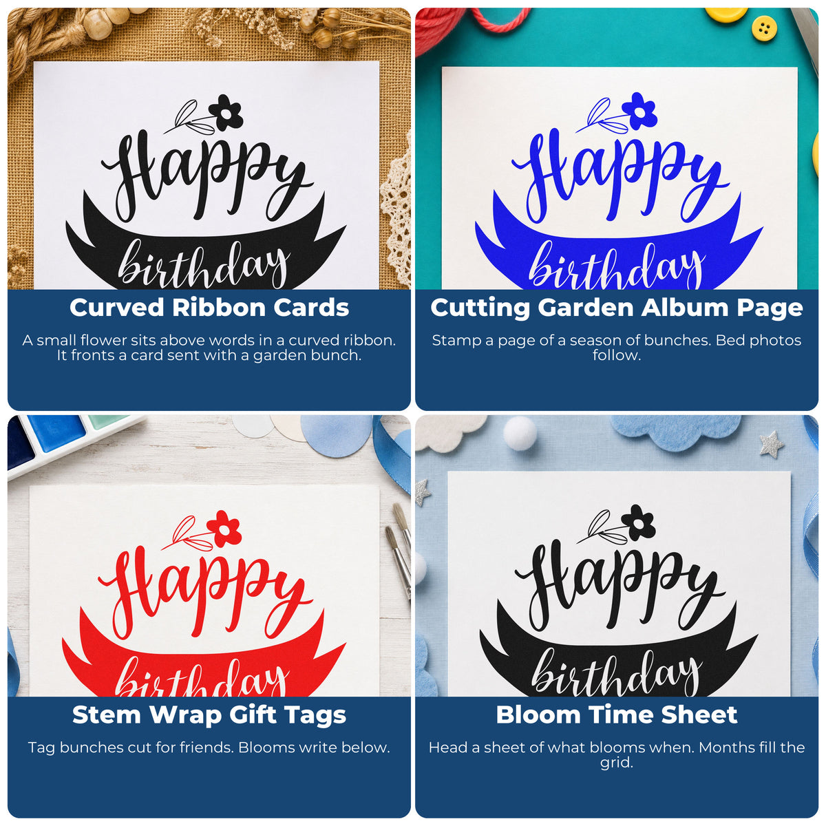 Four ways to use the Flower And Ribbon Birthday Greeting Slim Pre-Inked Stamp: curved ribbon cards, cutting garden album page, stem wrap gift tags and bloom time sheet.