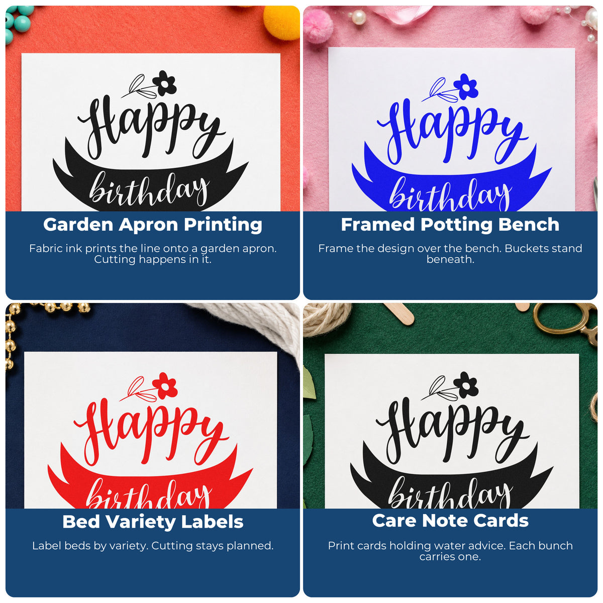 Four ways to use the Flower And Ribbon Birthday Greeting Premium Wooden Stamp - Vintage Pro: garden apron printing, framed potting bench, bed variety labels and care note cards.