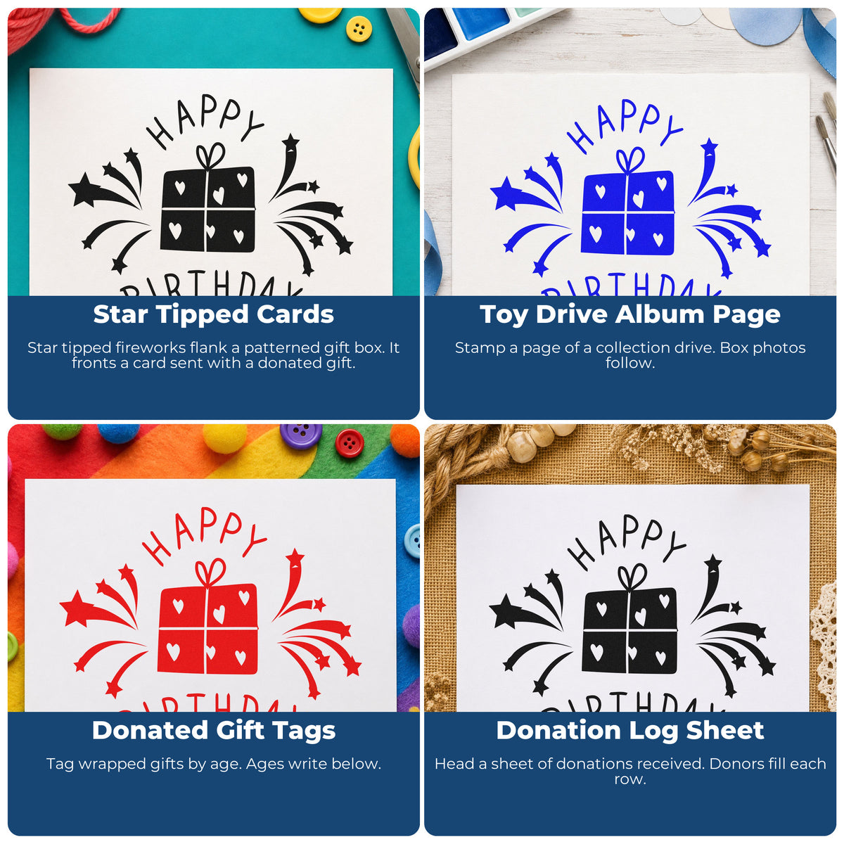 Four ways to use the Birthday Heart Gift Fireworks With Stars Stamp – Self-Inking: star tipped cards, toy drive album page, donated gift tags and donation log sheet.