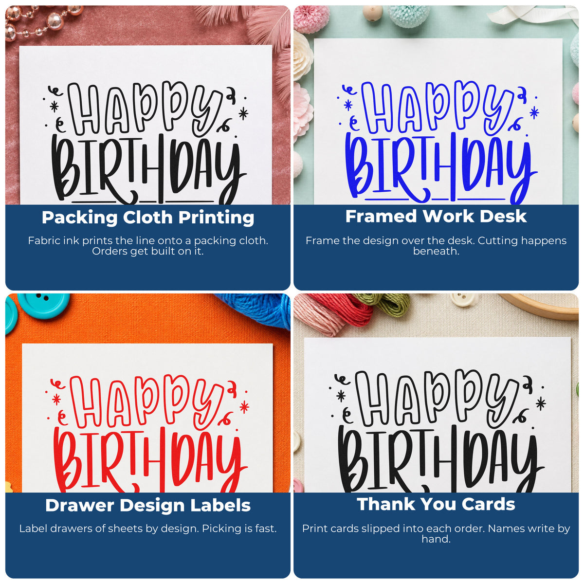 Four ways to use the Outlined Happy Birthday Confetti Pre-Inked Stamp – PSI: packing cloth printing, framed work desk, drawer design labels and thank you cards.
