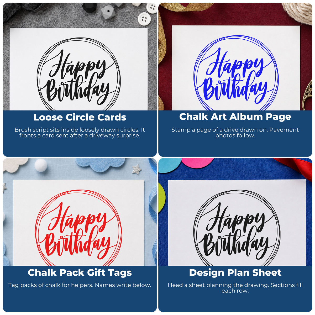 Four ways to use the Happy Birthday Circular Framed Lettering Rubber Stamp – Wood Handle: loose circle cards, chalk art album page, chalk pack gift tags and design plan sheet.