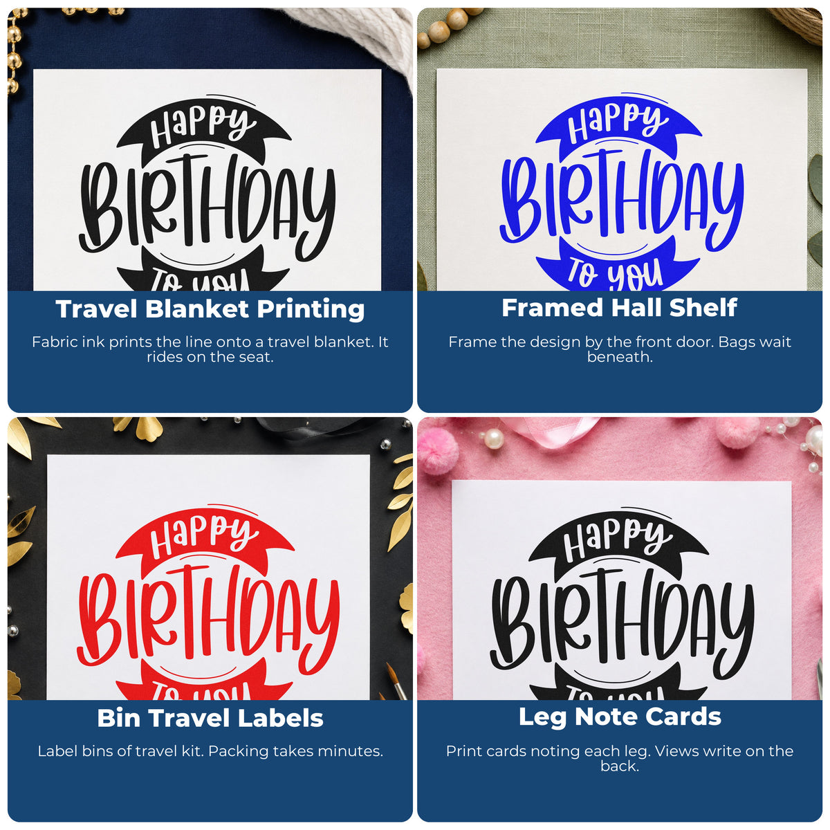 Four ways to use the Happy Birthday Double Ribbon Lettering Stamp – Self-Inking: travel blanket printing, framed hall shelf, bin travel labels and leg note cards.