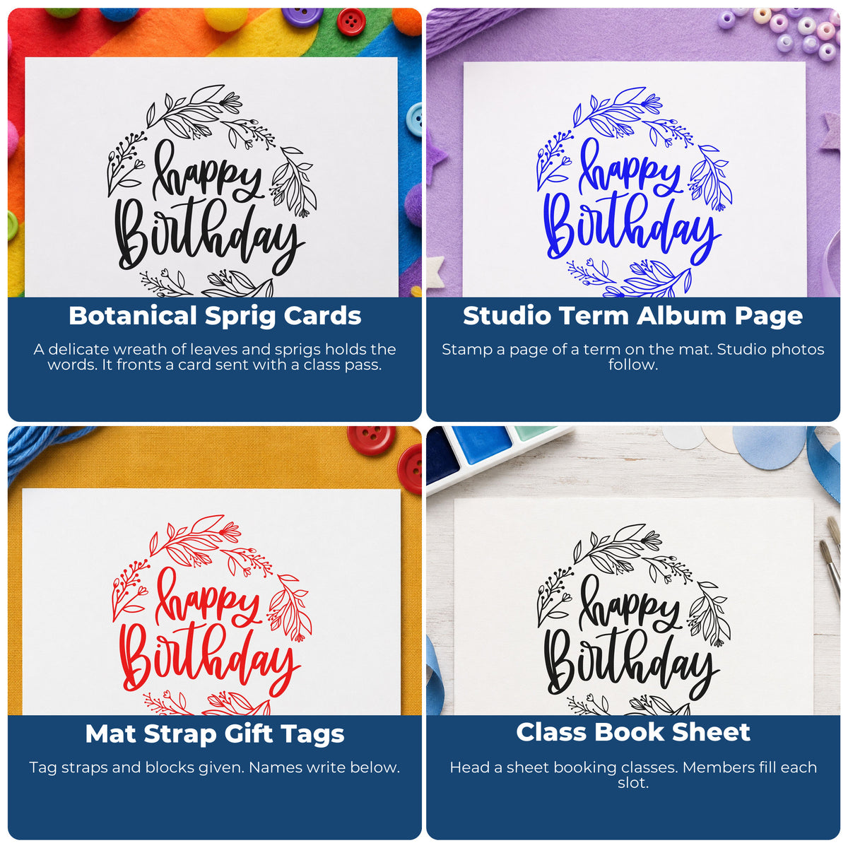 Four ways to use the Birthday Wishes Leafy Wreath Rubber Stamp – Wood Handle: botanical sprig cards, studio term album page, mat strap gift tags and class book sheet.