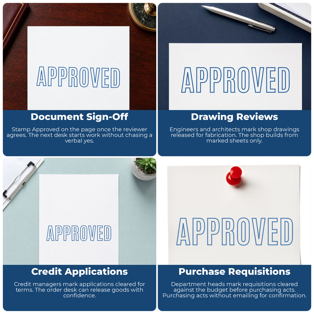 "Approved" stamp shown in use on office documents, Xstamper Approved Stamp overview