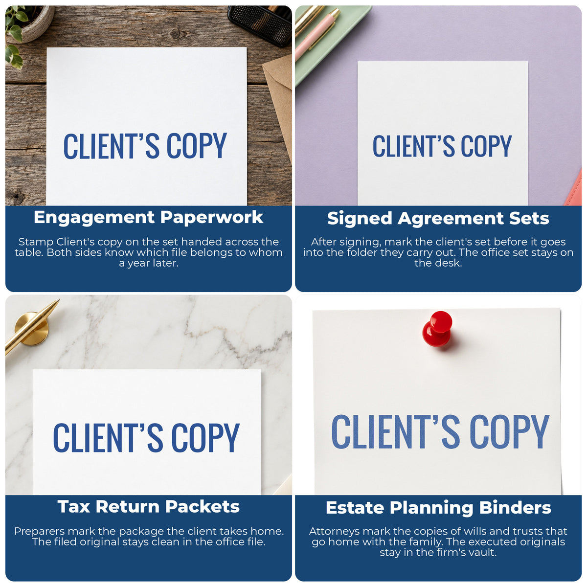 "Client's copy" stamp shown in use on office documents, Client's Copy Stamp For Document Distribution overview