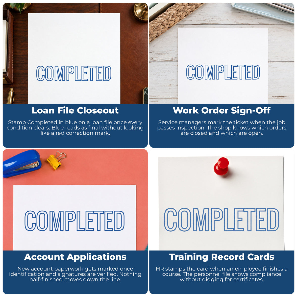 "Completed" stamp shown in use on office documents, Blue Completed Office Stamp overview