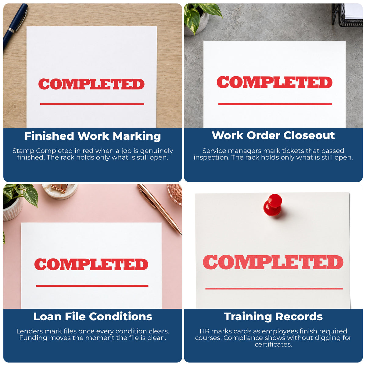 "Completed" stamp shown in use on office documents, Completed Stamp – Red Pre-Inked Xstamper overview