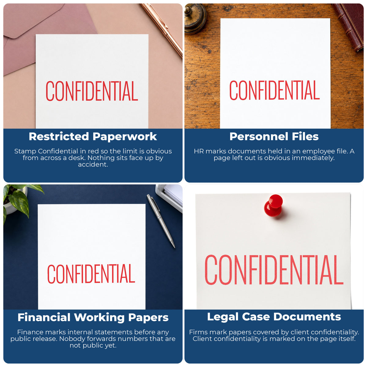 "Confidential" stamp shown in use on office documents, Red Confidential File Stamp overview