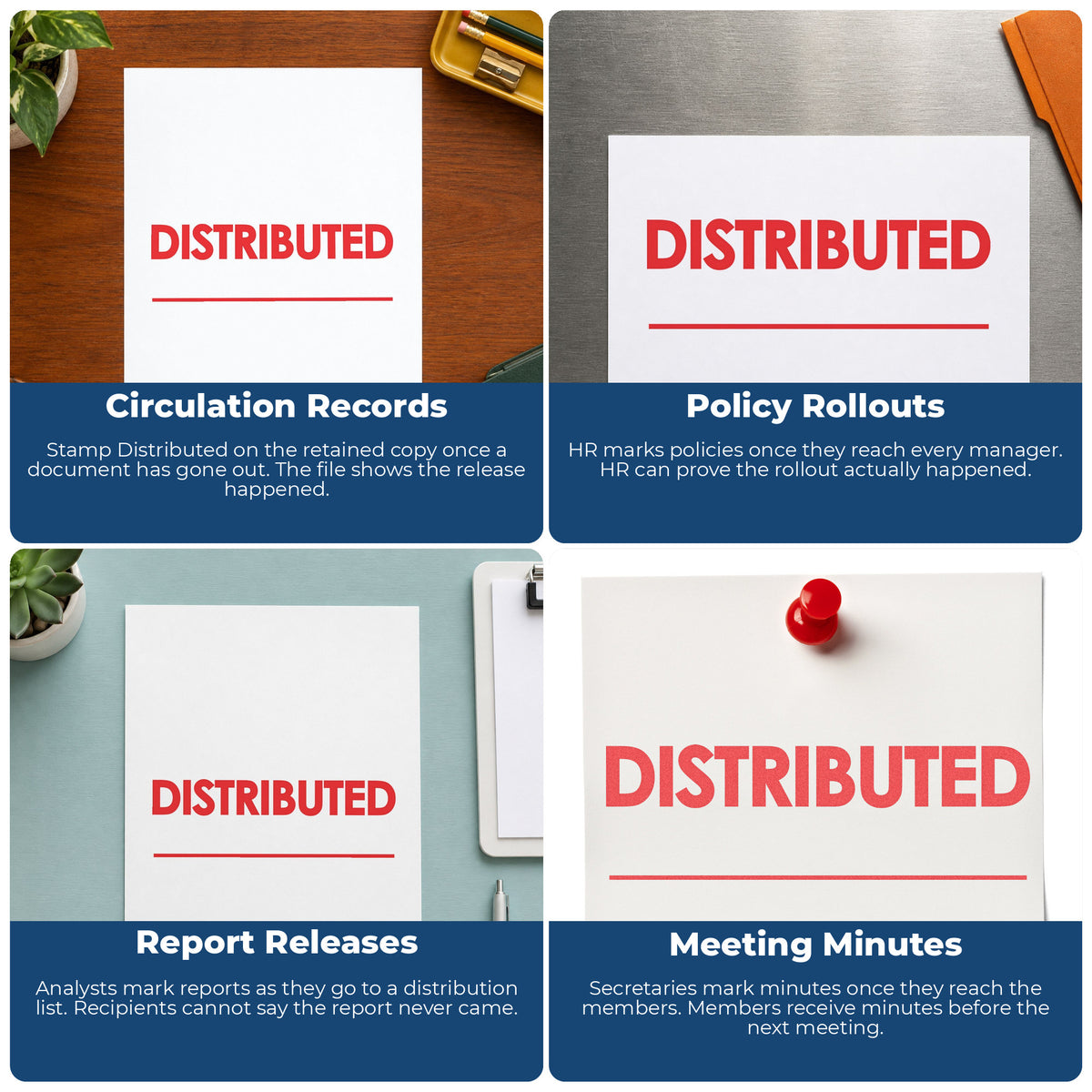 "Distributed" stamp shown in use on office documents, Distributed Document Stamp overview