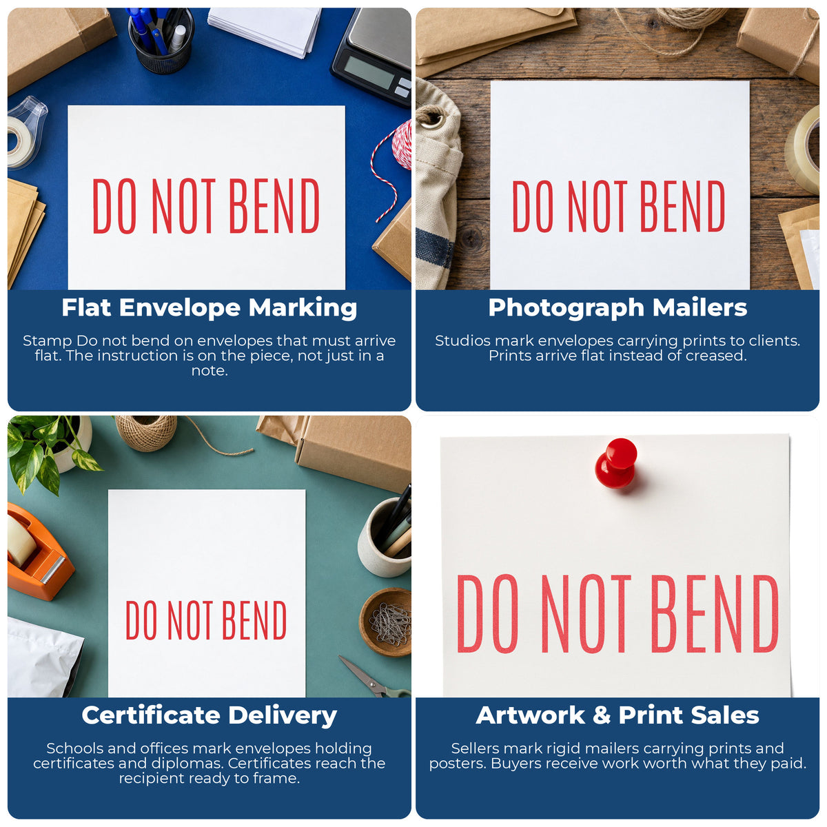 "Do not bend" stamp shown in use on office documents, Xstamper Do Not Bend Mailing Stamp overview