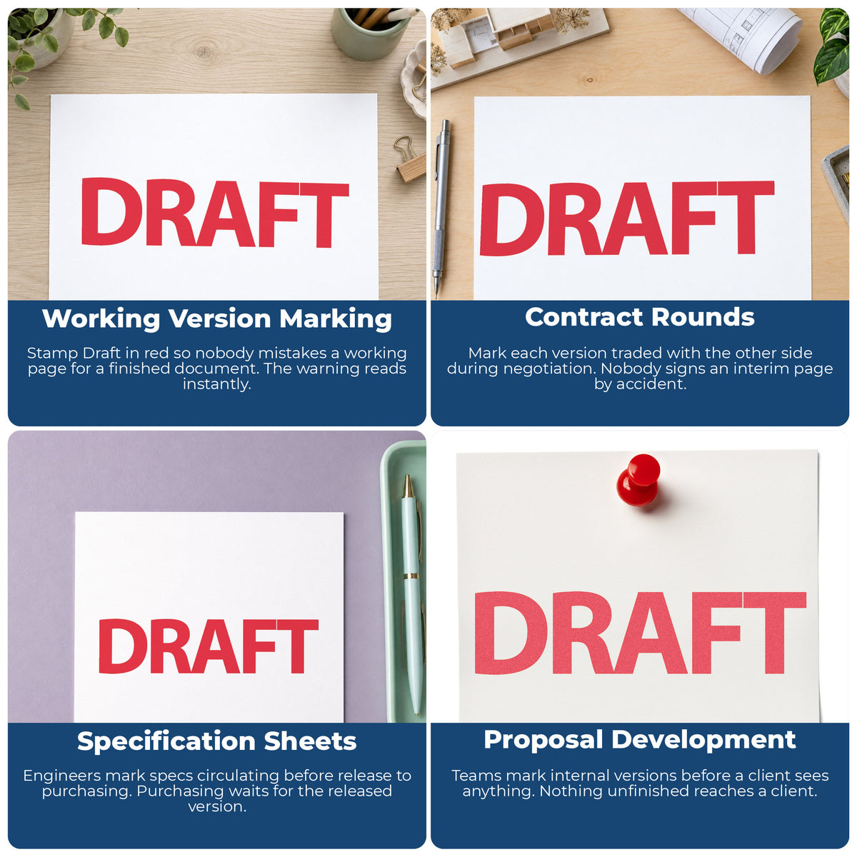 "Draft" stamp shown in use on office documents, Draft Stamp For Document Review – Red Pre-Inked Xstamper overview